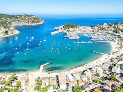 Port de Soller in Majorca Aerial view from above Seaside Beach Marina with boats Trip in Spain