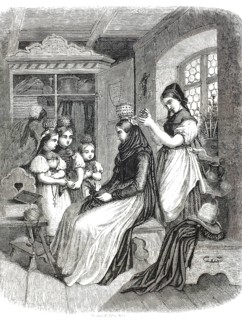 Bridal preparation in the Black Forest around 1859, putting on a traditional holiday traditional