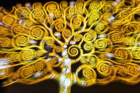 Tree of life, swirling patterns, spirals, gold, yellow, immersive exhibition, digital art, colorful