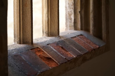 Interior view, building damage, broken, dilapidated bricks, cloister, Blaubeuren Abbey, Swabian