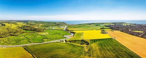 Cuckmere Valley from a drone, Hindover Hill, South Downs, East Sussex, England, United Kingdom