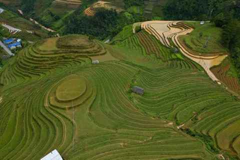 Aerial view of rice terraces just in front of setting the new rice near Mù Cang Ch?i, Mu Cang Chai