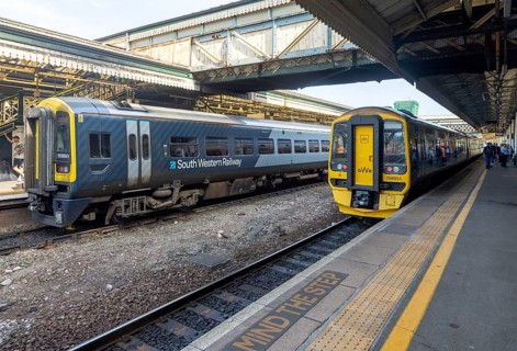 GWR and South Western Railway trains at Exeter St David's railway station, Devon, England, UK