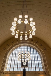 Hall with chandeliers, Helsinki Central Station or Helsingin päärautatieasema, Finland