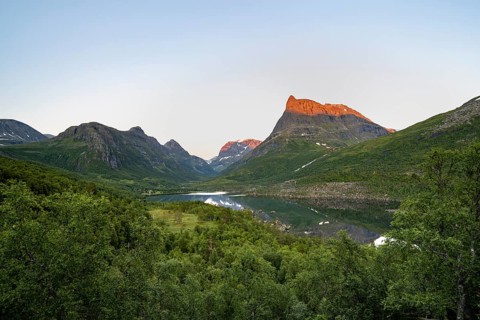 Innerdalen high valley with lake Innerdalsvatna, mountains with Innerdalstårnet peak, in the