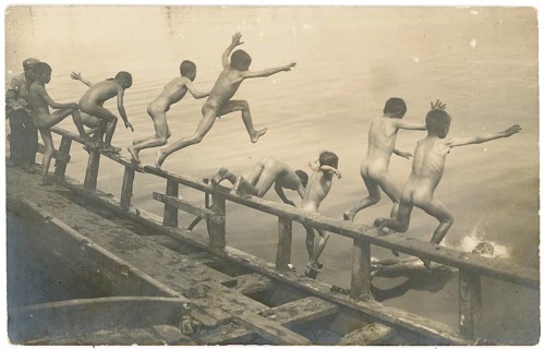 Bathing, carefree, free, free, unobserved, boys, boys jumping naked from a platform into a lake,