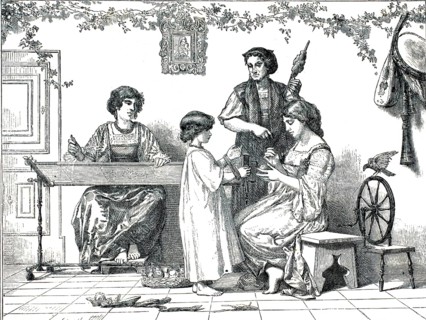 Scene of domestic textile work, in which woman and a child are depicted in various steps of yarn