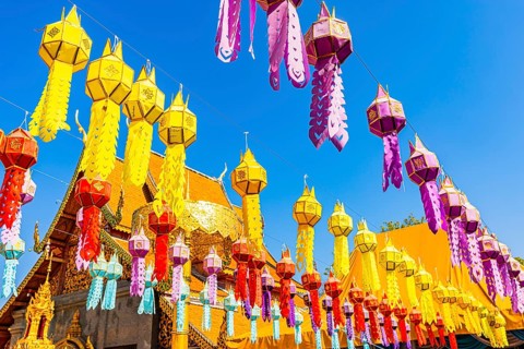 Colourful lanterns lined up in the Wat Phra That Doi Suthep temple complex, Chiang Mai, Thailand