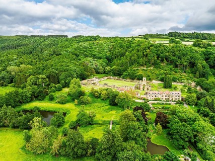 Mount Grace Priory, House and Gardens from a drone, East Harlsey, North Yorkshire, England, United