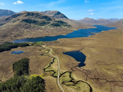 Panoramic aerial photo of the Highland landscape at Loch a Bhraion, Fainmore, Scotland, UK