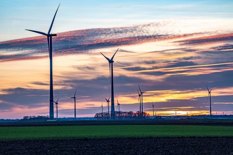 Sunset at Issum wind farm, Lower Rhine, North Rhine-Westphalia, Germany