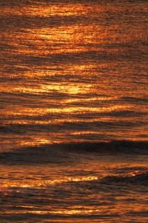 Setting sun colors the sea and small waves golden, Houvig Beach, North Sea, Denmark