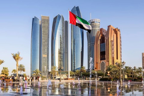 Abu Dhabi Skyline Etihad Towers skyscrapers with fountains in Abu Dhabi, United Arab Emirates