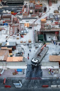 Bird's-eye view of large construction site construction site exit, Dubai, United Arab Emirates, UAE