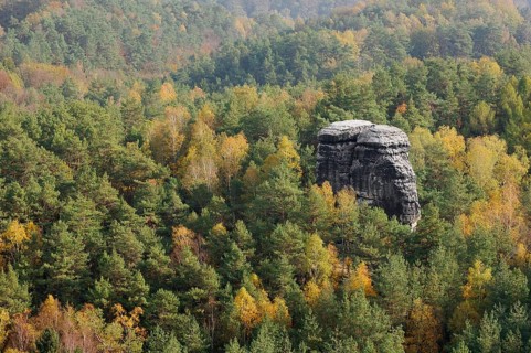 Nun or Nonnenstein and mixed forest in autumn, view from Rauenstein, Saxon Switzerland, Elbe