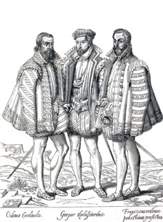 An etching by M. Duval from 1579 depicts the three Coligny brothers: Odet (left), Gaspard II