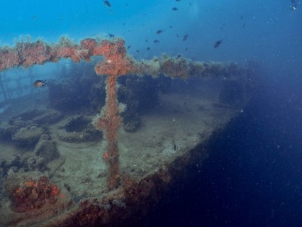 The ship deck of a sunken wreck is lying on the seabed in murky water, dive site wreck of the Vis,