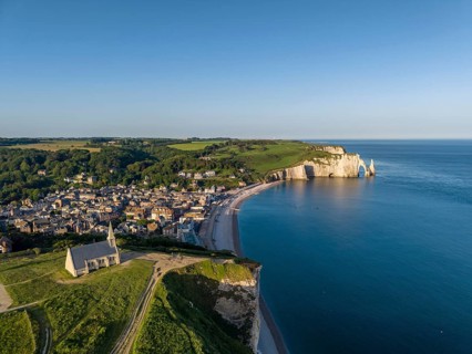Aerial view of the Notre Dame de la Garde chapel after sunrise at the Falaise d'Amont viewpoint, on