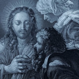 Detail from the painting Christ in Emaus by Bartolomeo Schidone, religious painting, sacred art,