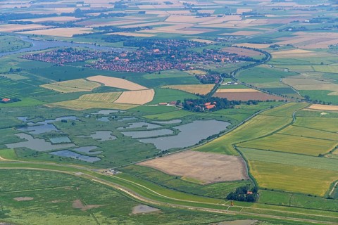 Aerial view, Greetsiel and Pilsum lighthouse, East Frisia, Lower Saxony, Germany