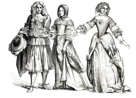 Illustration shows a group of three people in French courtly fashion from the time of Louis XIV