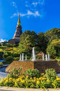 Blooming garden with fountain in front of the royal pagoda, Doi Inthanon National Park, Chiang Mai