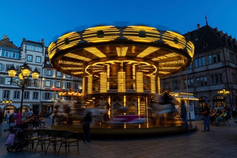Carousel, Blue Hour, Gutenbergplatz, Place Gutenberg, Strasbourg, Alsace, France
