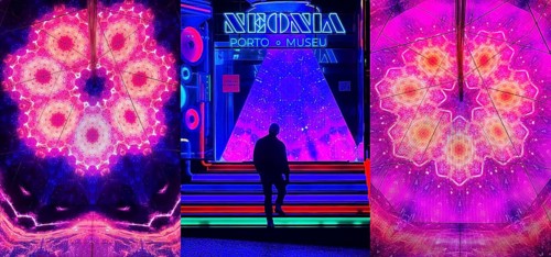 A man walks up the stairs to Neonia, an immersive museum that combines art, science and the history
