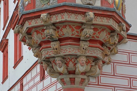 Bay window with ornaments and row of heads, crafts, Renaissance, town house, marketplace, Coburg,