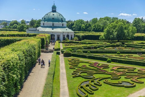 View of the flower garden and rotunda from the colonade, Kromeríž, Zlínský kraj, Czech Republic