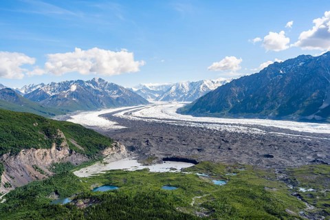 View of impressive mountain landscape with Matanuska glacier and glaciated mountain peaks, Lion's