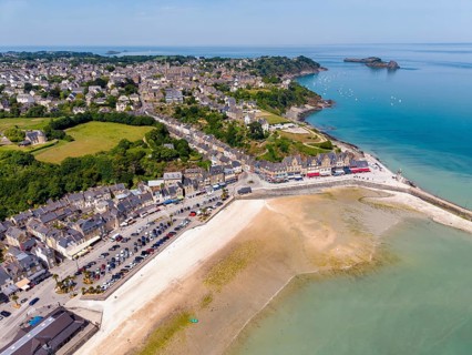 Aerial view of the picturesque fishing village of Cancale on the Emerald Coast. The picture shows