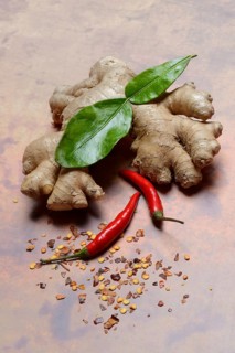 Ginger, ginger root with kaffir lime leaf and chili pepper