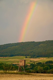 High seat in front of a rainbow over wooded hills and fields, summer, Großheubach, Miltenberg,