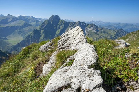 Mountain panorama from Laufbacher-Eckweg to Höfats 2259m, Allgäu Alps, Allgäu, Bavaria, Germany