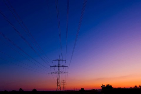 Transmission lines in front of sunset, power line, electricity, energy