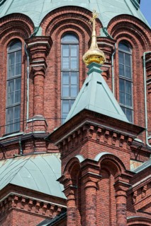 Tower with gold cross, façade, Greek Orthodox Uspenski Cathedral or Uspenskin Katedraali,