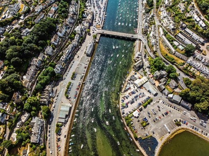 Top Down view of LOOE and River Looe from a drone, Cornwall, England, United Kingdom