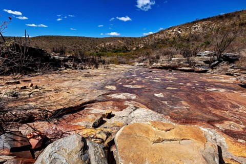 Brown and rust-red stones in a sunlit, vast desert landscape, the thornshrub savanna in the