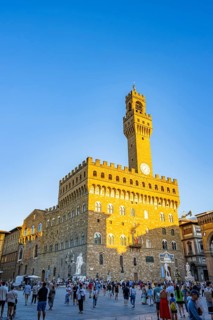 Palazzo Vecchio at sunset, UNESCO World Heritage Site, Piazza della Signoria, Florence, Tuscany,