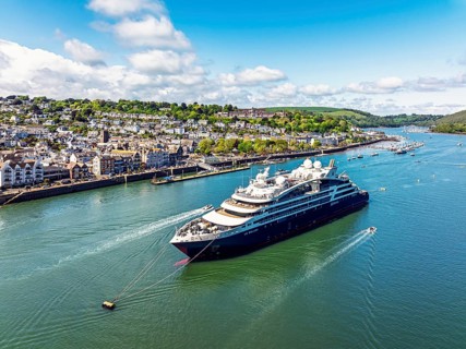 Le Bellot cruising ship on River Dart from a drone, Ponant Explorers, Dartmouth and Kingswear,