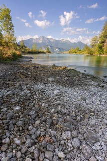 River, riverbed, trees, mountains, gravel, sunny, low tide, drought, August 2026, climate change,