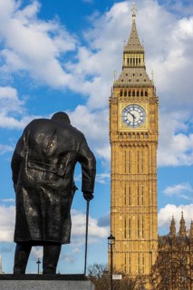 Sculptor Ivor Robert-Jones's statue of Winston Churchill, in front of Elizabeth Tower, Houses of