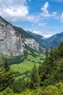 View of the picturesque valley of Lauterbrunnen with Staubbach Falls, mountain landscape, Bernese