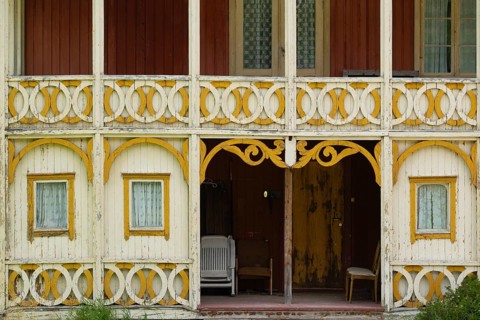 Detailed view of a historic Norwegian wooden house, Kviteseid, Telemark, Norway