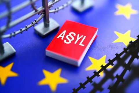 Book with asylum lettering on EU flag with barbed wire, European asylum reform, photo montage +++