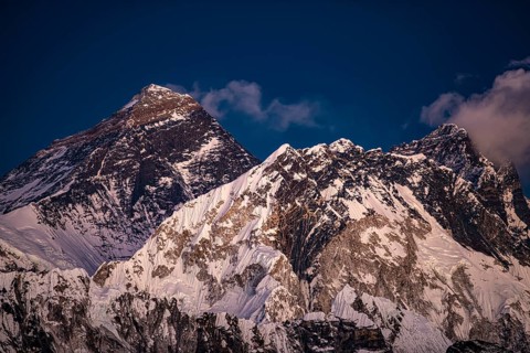 View from Renjo La Pass, 5360 m, of Mount Everest and Lhotse in the evening light, Solu Khumbu,