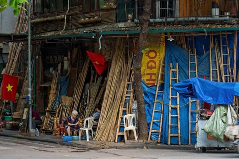 Handcrafted bamboo ladders, metre-long bamboo poles, bamboo tubes and traditional water pipes on