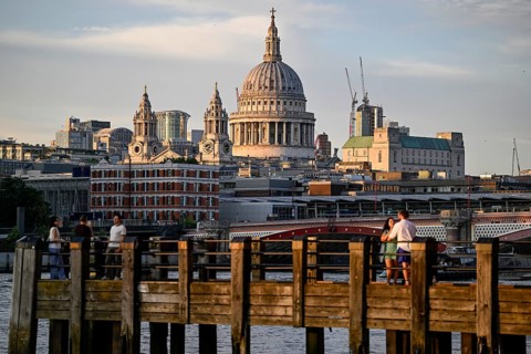 Thames pier overlooking St Paul's Cathedral and Blackfriars Bridge, South Bank, London, England,