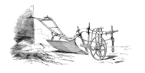 Historical engraving of a wheeled plough, Hornsby plough or swinging plough with front end, from